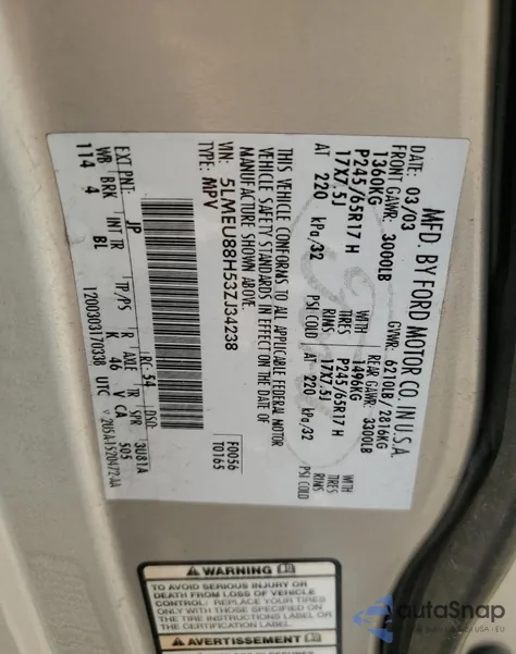 2003 Lincoln Aviator z USA, uszkodzony, nr VIN 5LMEU88H53ZJ34238